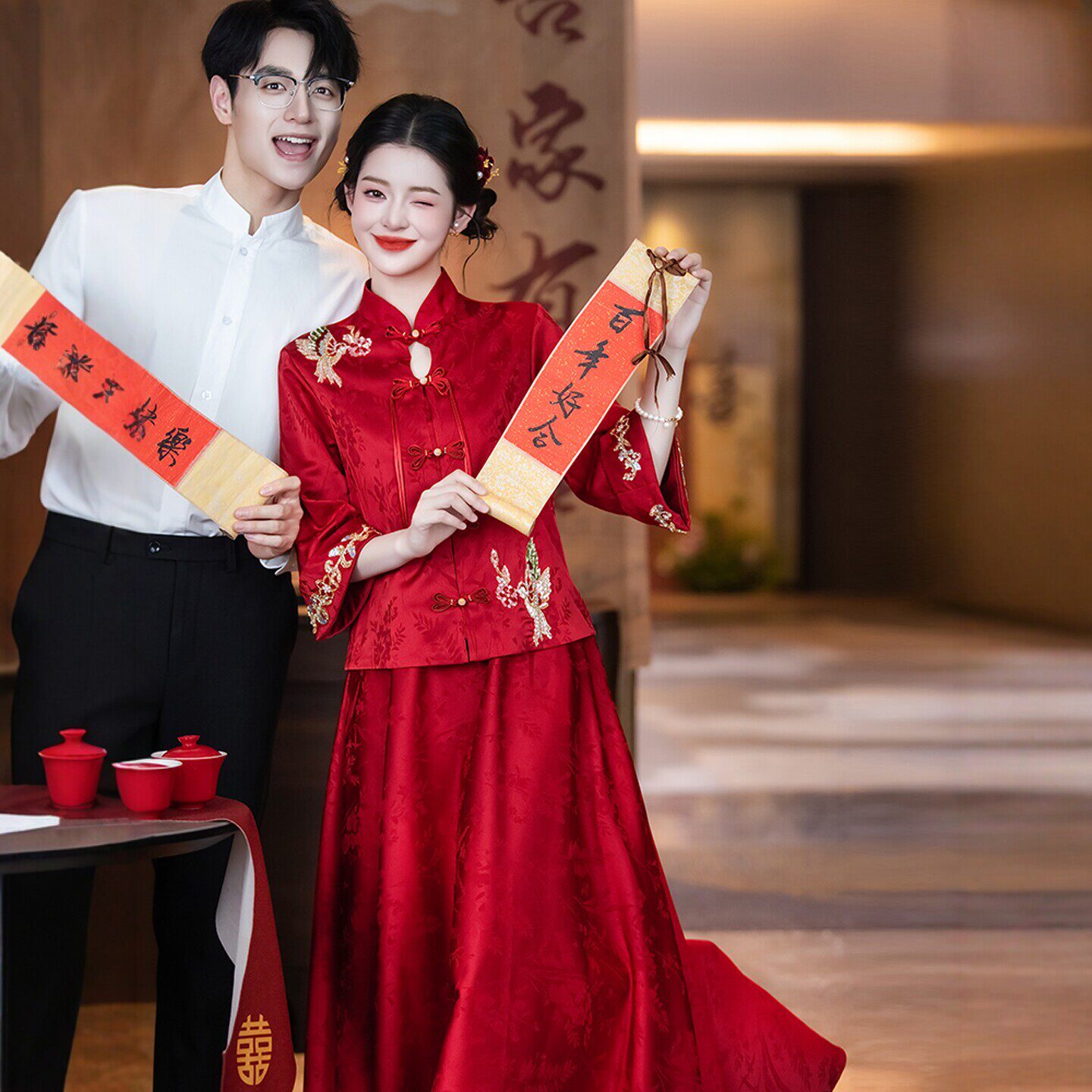 朱雀记新中式孕妇秀禾旗袍敬酒服新娘订婚套装大码胖mm遮肚回门服