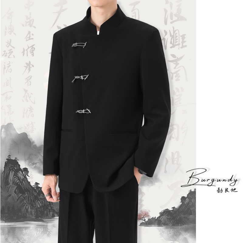 朱雀记国风西服新中式男士结婚订婚黑色套装垫肩高级感立领中山装