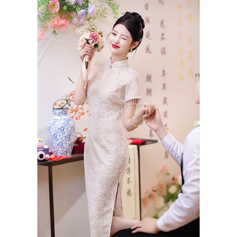 朱雀记新中式旗袍敬酒服新娘2026新款米白色订婚礼服裙小个子高级