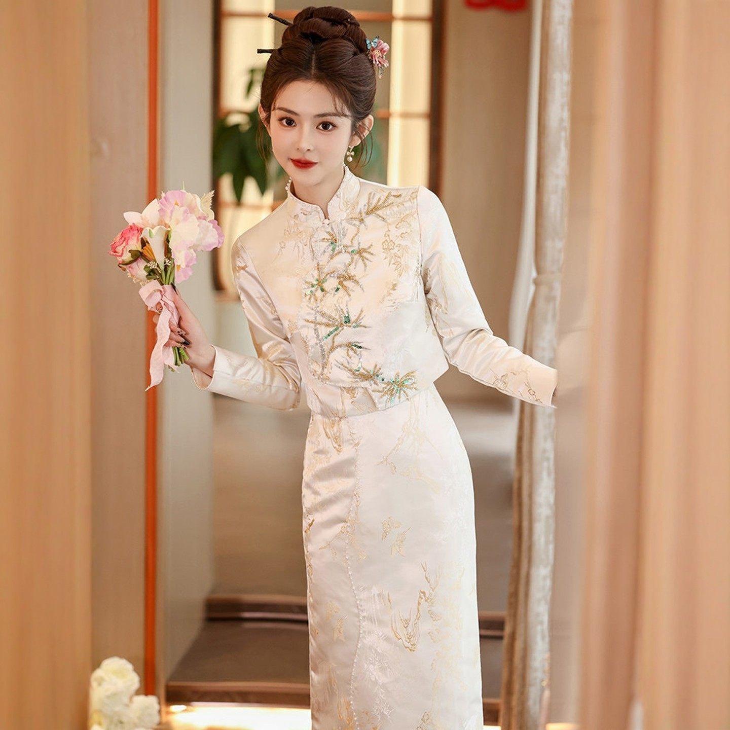 朱雀记新中式订婚连衣裙套装长袖冬新款旗袍敬酒服结婚礼服裙鱼尾,女装/女士精品,旗袍,淘宝优惠券,粉丝福利购,淘宝优惠卷