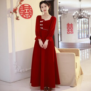 朱雀记法式长袖敬酒服大码胖mm孕妇回门礼服酒红色新娘订婚连衣裙