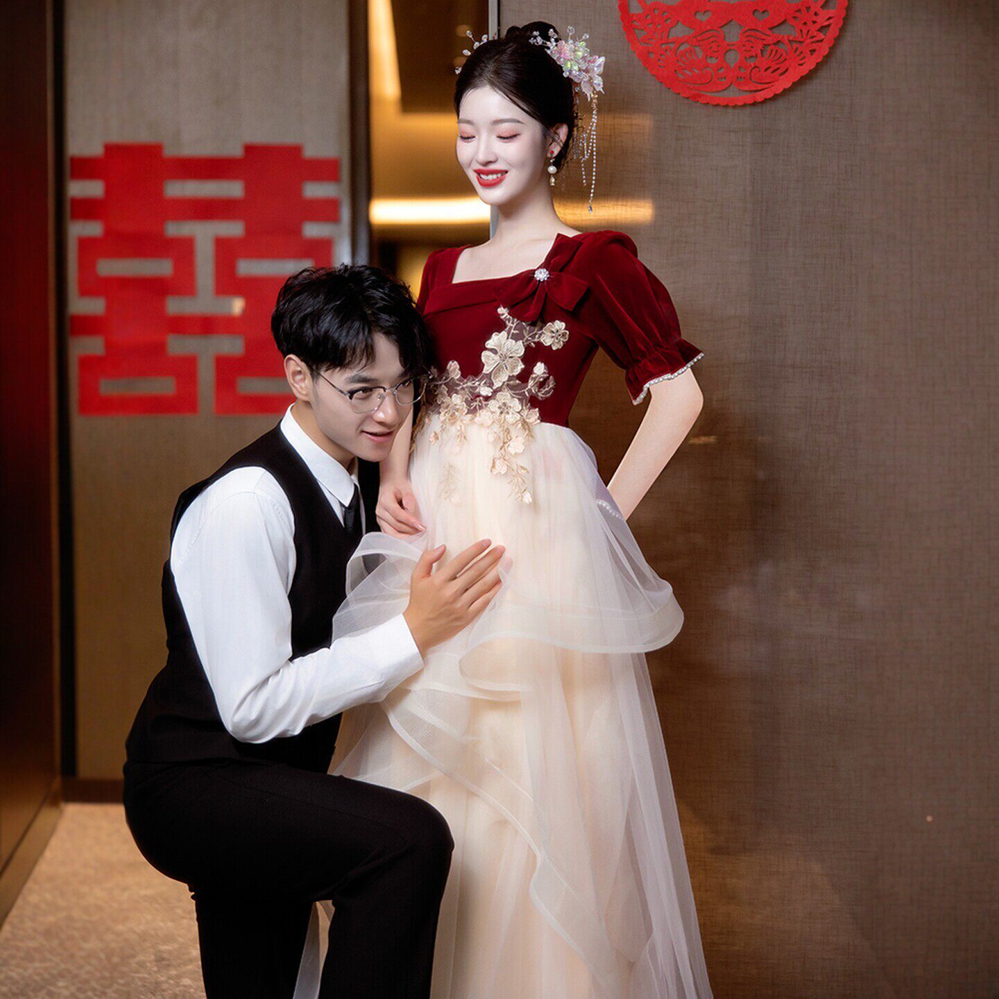 朱雀记孕妇敬酒服新娘红色大码胖mm订婚晚礼服婚纱遮肚当天结婚装