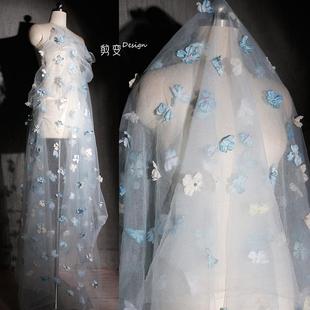 饰网纱布料梦幻连衣裙汉服装 小蓝花立体花朵蕾丝绣花装 设计师面料