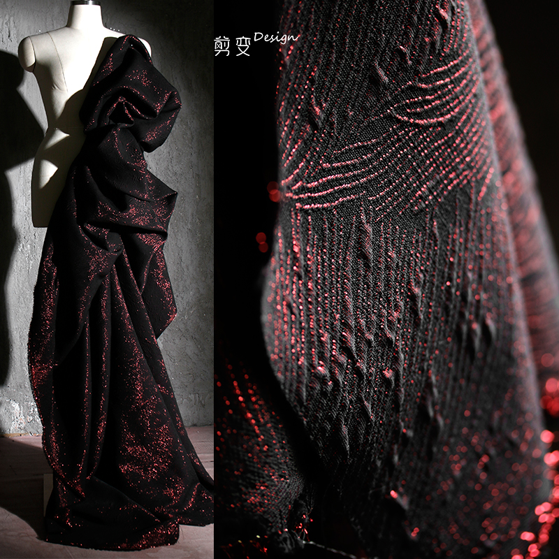 暗黑红纹理浮雕立体肌理服装面料