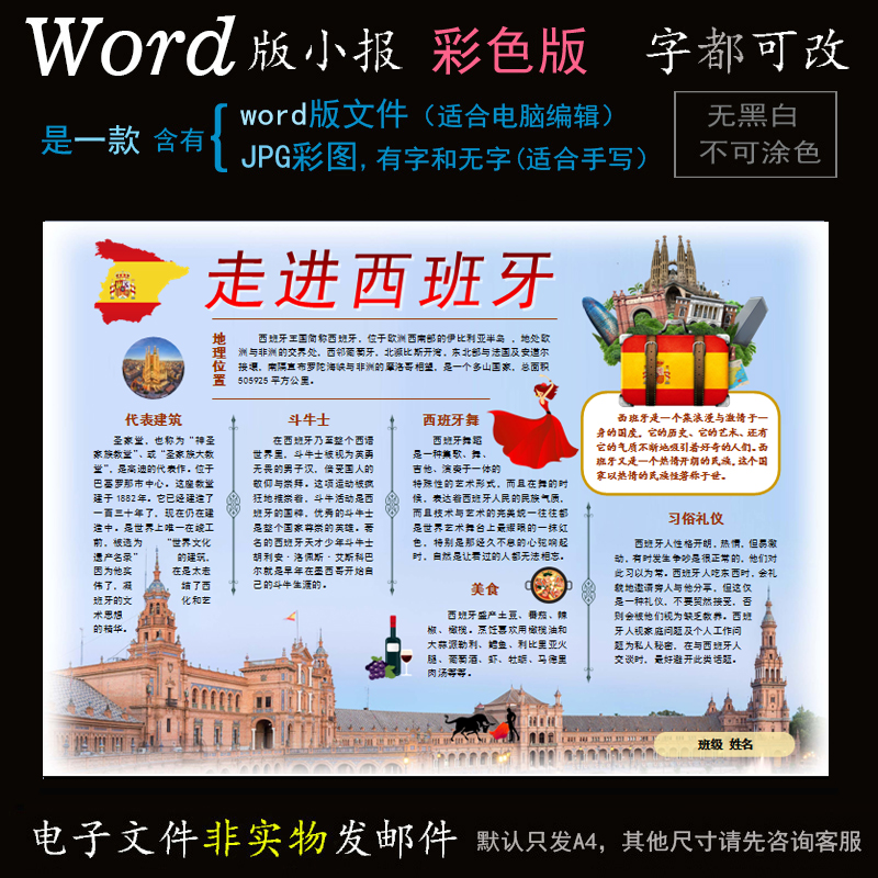 c040西班牙小报电子版word模板电脑手抄报地理欧洲国家西班牙简报