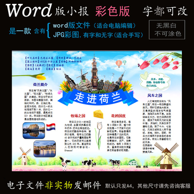 C043电子小报word模版旅行旅游电子手抄报国家地理简报走进荷兰