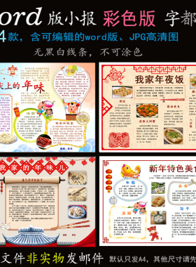 j411年味4款电子小报word模板电脑手抄报寒假过年俗春节美食简报