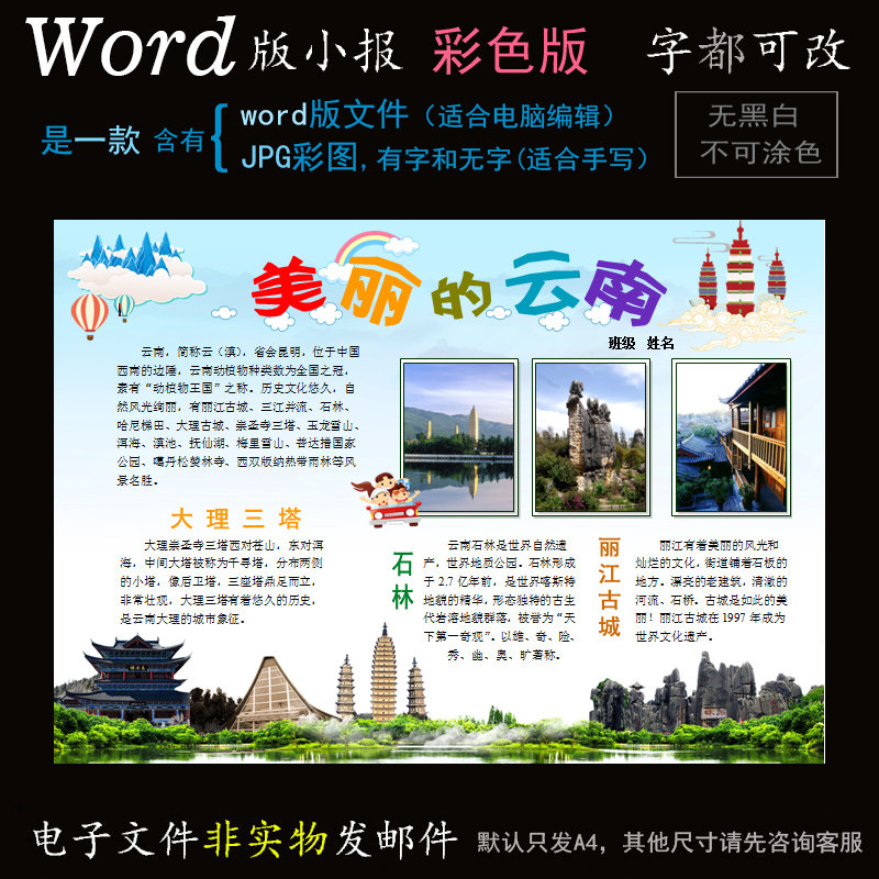 c033电子手抄报word模版我爱家乡电子小报地理简报美丽的云南