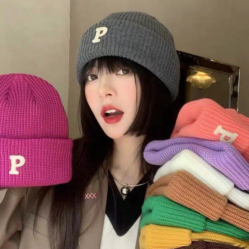 帽子女2023新款冬季秋冬P字母毛线帽韩版ins时尚保暖百搭学生冷帽