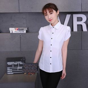 韩版 修身 显瘦职业正装 白色短袖 大码 女春夏季 工装 工作服女衬衣 衬衫