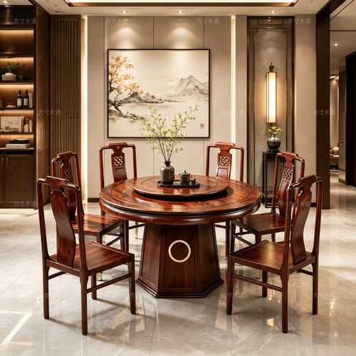 中式古典实木大圆餐桌带转盘家用客厅聚餐圆桌复古雕花餐桌椅组合