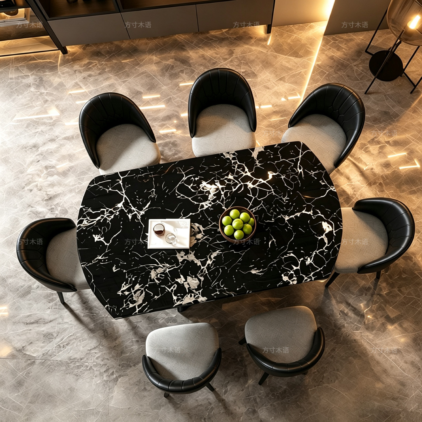 轻奢宝格丽黑大理石跳台餐桌可伸缩家用长方形岩板饭桌高端餐桌椅