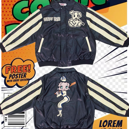 cattle赵大牛 2025新款美式贝蒂童趣刺绣卡通棒球服皮衣夹克外套