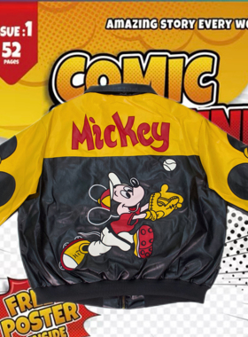 cattle赵大牛新款米奇美式童趣刺绣卡通拼色棒球服外套男女同款