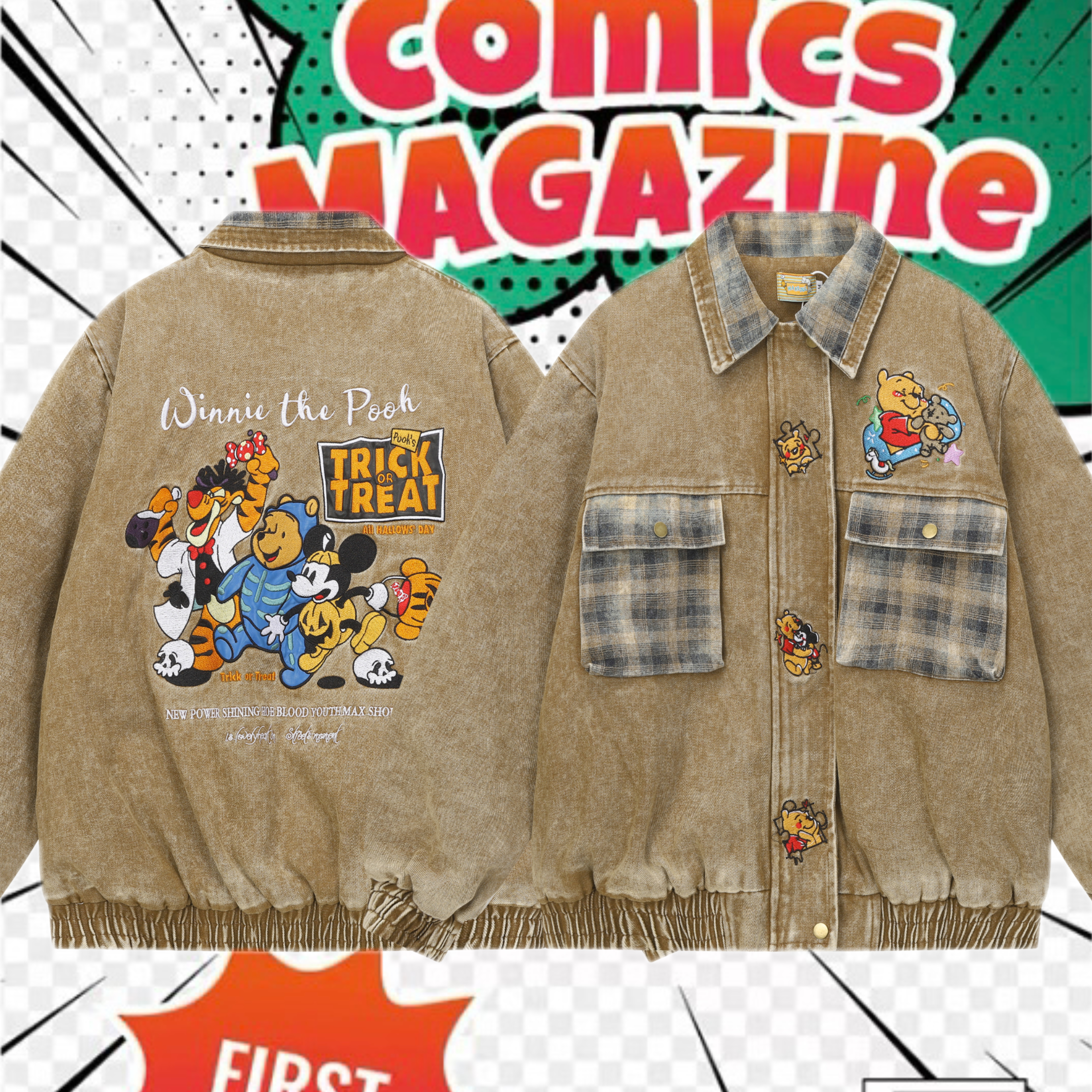 cattle赵大牛新款美式童趣刺绣卡通米奇翻领牛仔外套男女同款棉服