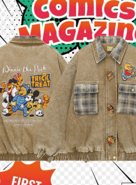 cattle赵大牛新款美式童趣刺绣卡通米奇翻领牛仔外套男女同款棉服