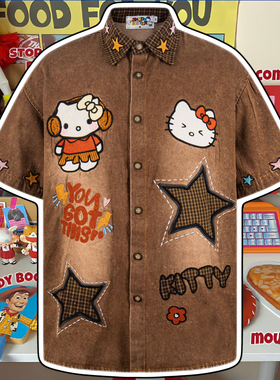 cattle赵大牛美式复古hellokitty刺绣牛仔短袖衬衫童趣宽松衬衣