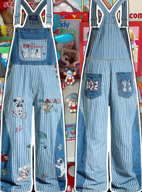 cattle赵大牛新款美式复古童趣卡通条纹拼接牛仔背带裤男女同款
