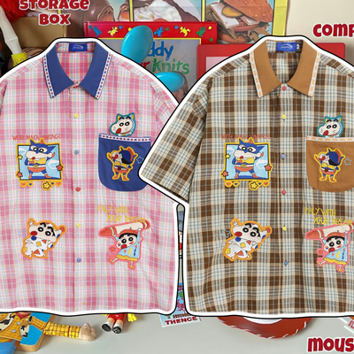 cattle赵大牛童趣卡通蜡笔小新刺绣格子短袖衬衫男女同款情侣外套