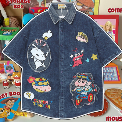 cattle赵大牛可爱童趣卡通蜡笔小新刺绣牛仔短袖衬衫男女同款情侣