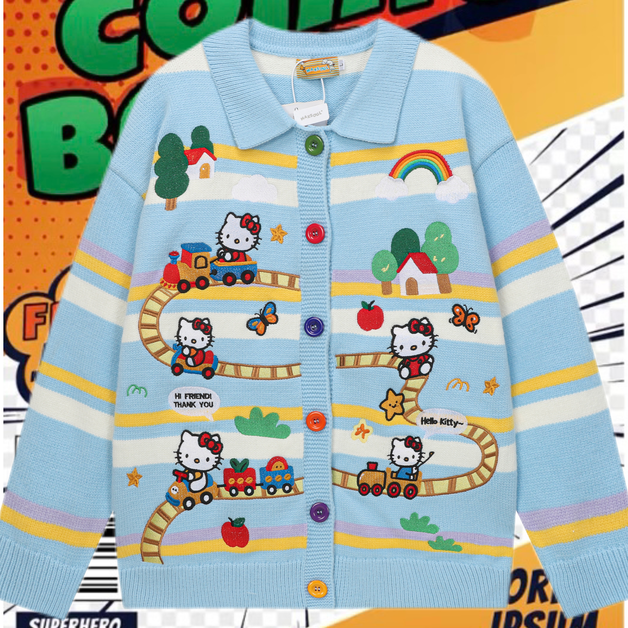 cattle赵大牛 新款美式童趣刺绣kitty拼色翻领毛衣外套男女同款