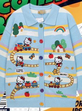 cattle赵大牛 新款美式童趣刺绣kitty拼色翻领毛衣外套男女同款