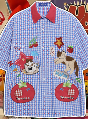 cattle赵大牛美式卡通格子短袖衬衫男女趣味猫咪刺绣撞色复古情侣