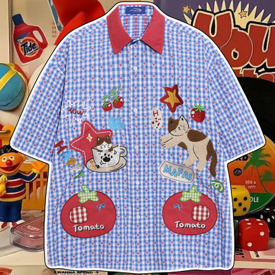 cattle赵大牛美式卡通格子短袖衬衫男女趣味猫咪刺绣撞色复古情侣