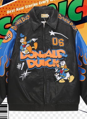 cattle赵大牛新款唐老鸭美式童趣刺绣卡通拼色皮衣翻领外套男女