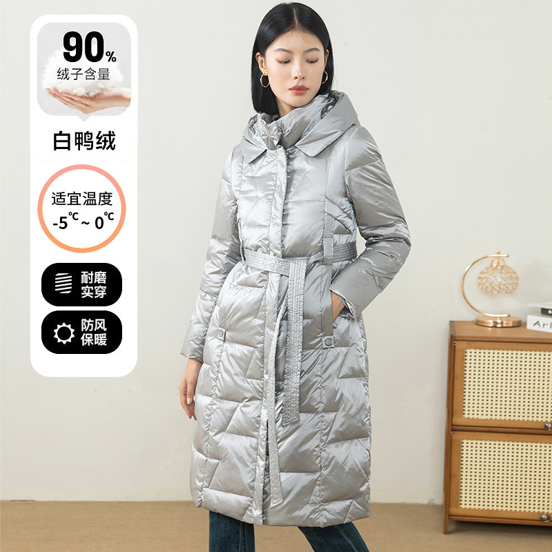 2023年新款女式羽绒服白鸭绒长款连帽时尚休闲修身加厚外套