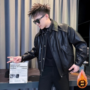 C301B-PY99-P168控228冬季男皮衣社会加绒假两件千牛仔领夹克外套，男装夹克，电商C301B