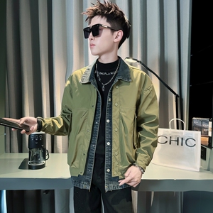 C301B-JK105-P118控158秋季牛仔拼接假两件夹克社会宽松男士外套1图片