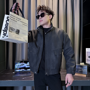 101B-PY81-P128秋冬立领复古皮衣男装社会宽松夹克帅气休闲外套1图片