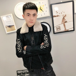 3冬季加绒毛领修身印花皮衣男社会小伙夹克外套301B-PY14-P130图片