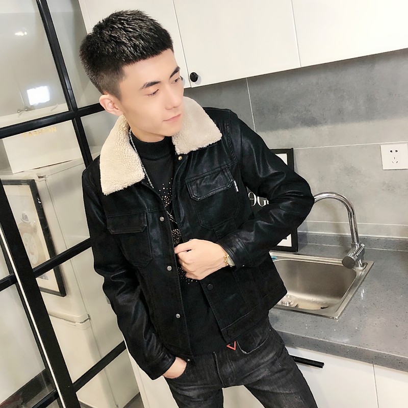 3冬季加绒毛领修身水洗皮衣男社会小伙夹克外套301B-PY15,男装皮衣,电商C301B
