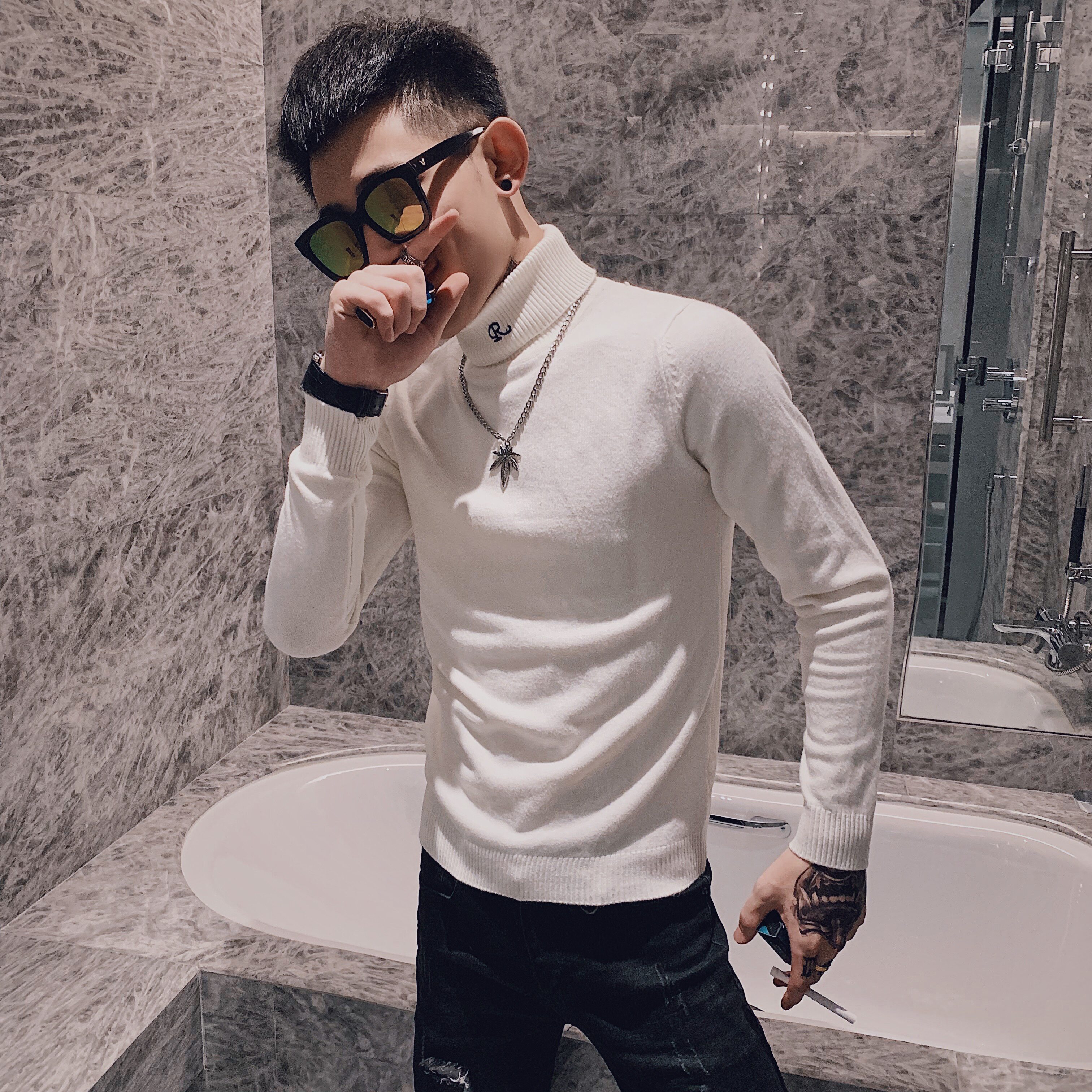 1冬季高翻领刺绣毛衣男士打底衫社会小伙针织衫C301B-MY07,男装针织衫/毛衣,电商C301B