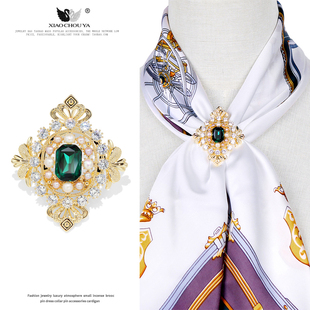 复古祖母绿水晶丝巾扣天然淡水珍珠胸针多功能衣下摆打结扣配饰
