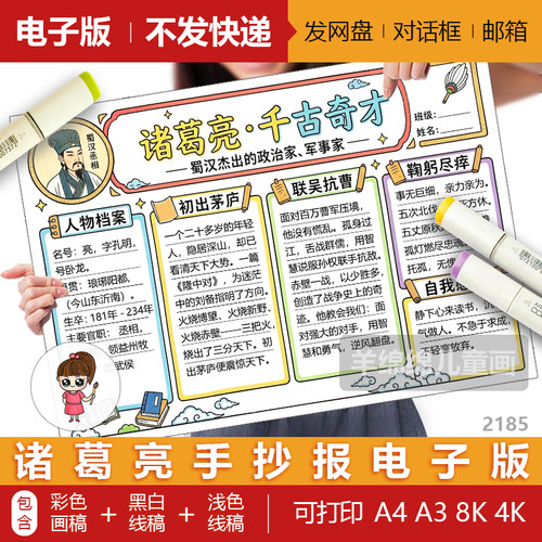 诸葛亮孔明手抄报模板电子版黑白线稿打印涂色三国历史人物手抄报