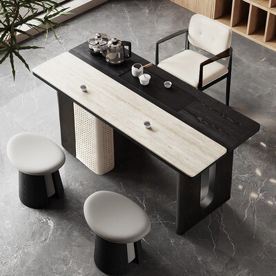 中古风洞石岩板茶桌椅阳台小户型家用轻奢泡茶台一体式烧水壶