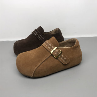 圆头内增高一脚蹬棉鞋 新款 女2025冬季 品牌撤柜真皮加绒全包勃肯鞋