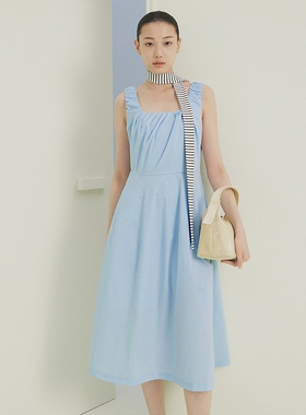 firststation优雅方领抽皱宽肩贴钻无袖连衣裙女25夏新款4121A