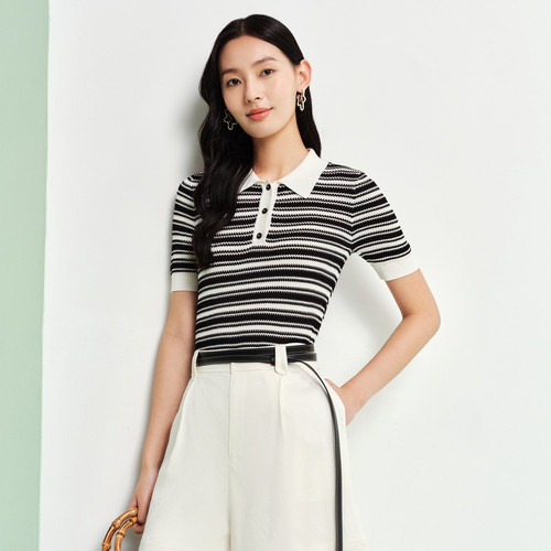 FS经典POLO领双色条纹提花短袖套头针织毛衣26春夏新款女装9535A