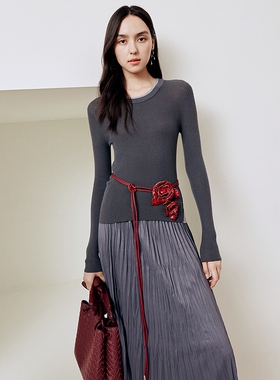 FS休闲圆领撞色羊毛套头长袖针织毛衣女25秋新款9971A