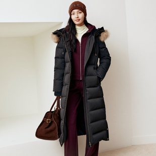 firststation时尚连帽可拆卸毛领鹅绒长款羽绒服女25冬新款Y221A
