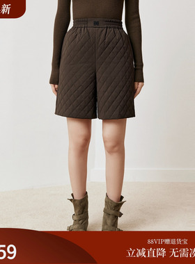 firststation时尚咖啡色松紧腰绗棉宽松短款棉裤女25冬新款M620A