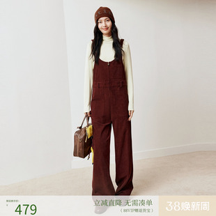 firststation复古灯芯绒修身月亮背带裤休闲裤女25秋新款6520A