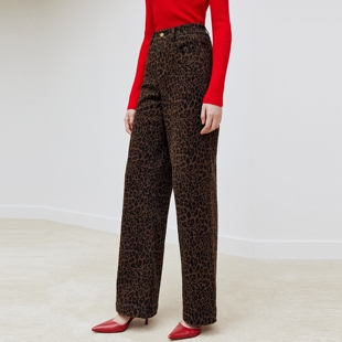 firststation时尚咖啡色豹纹印花宽松直筒牛仔裤女25冬新款J650A