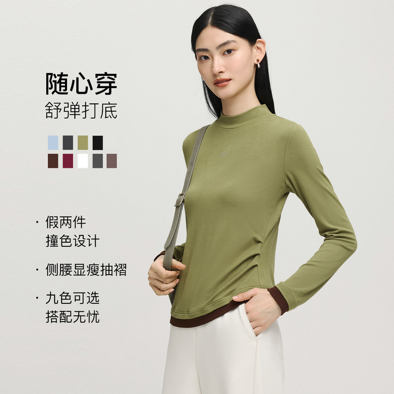FS时尚半高领撞色拼接假两件长袖上衣打底衫26秋冬新款女装5501A图片