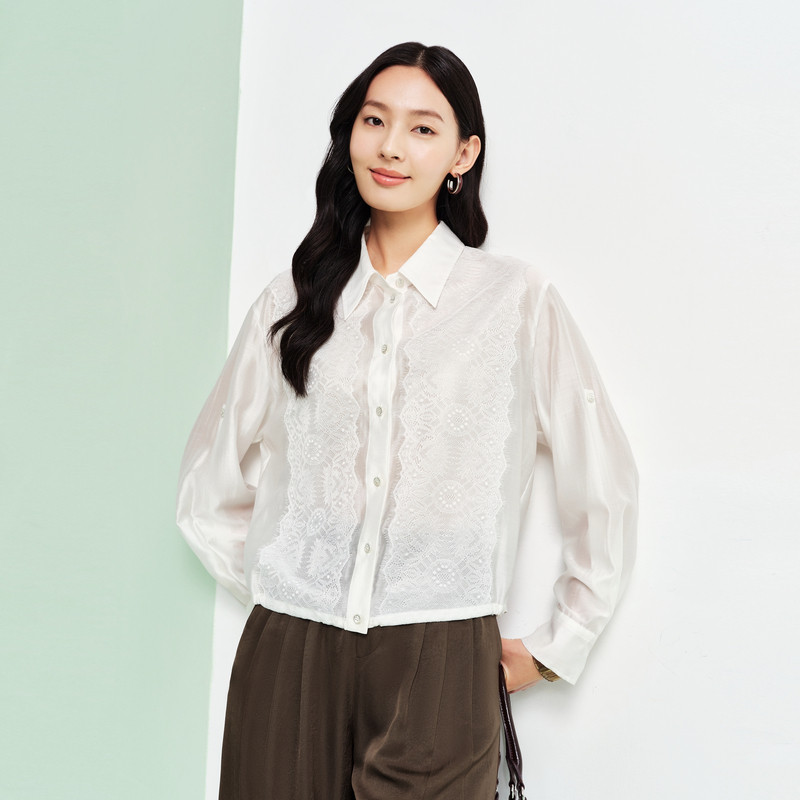 FS优雅翻领单排扣叠加蕾丝宽松夹克式衬衫26春夏新款女装2123A