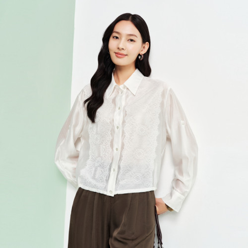 FS优雅翻领单排扣叠加蕾丝宽松夹克式衬衫26春夏新款女装2123A
